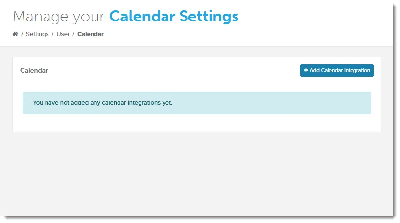 Calendar Settings page with no integrations and the Add Calendar Integration button