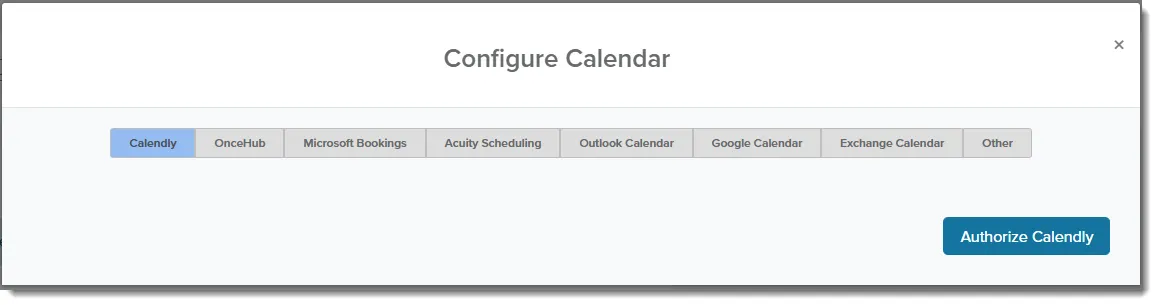 Configure Calendar window with the Calendly tab selected and the Authorize Calendly button