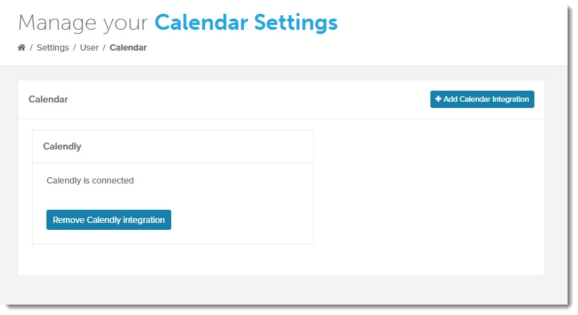 Calendar Settings page showing Calendly is connected and the Remove Calendly integration button