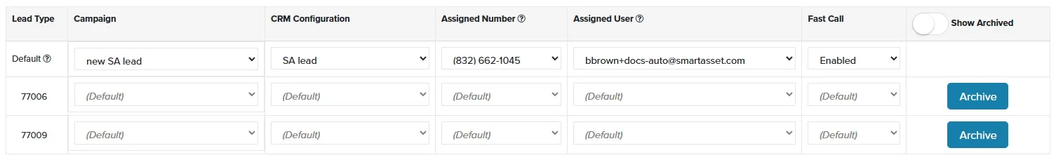Lead Sources page with Fast Call set to Enabled on the Default row