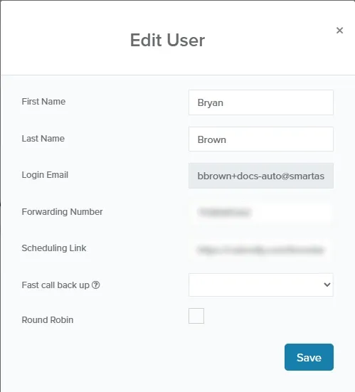 Edit User window with the Fast call back up field and the Save button