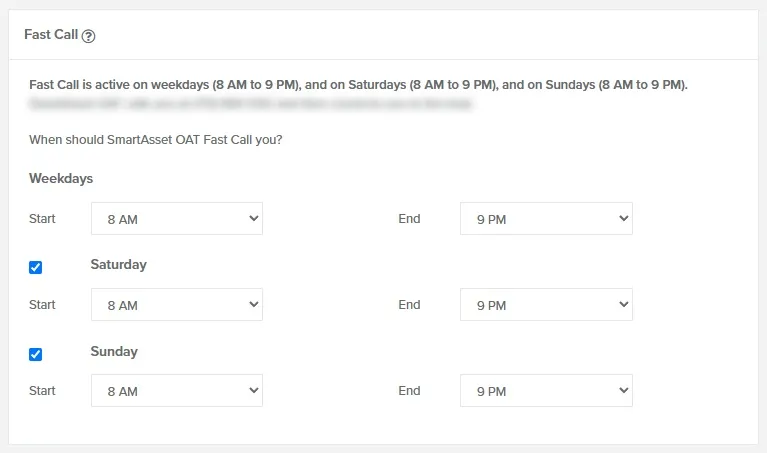 Phone settings Fast Call box with weekday hours and the Fast Call is active message