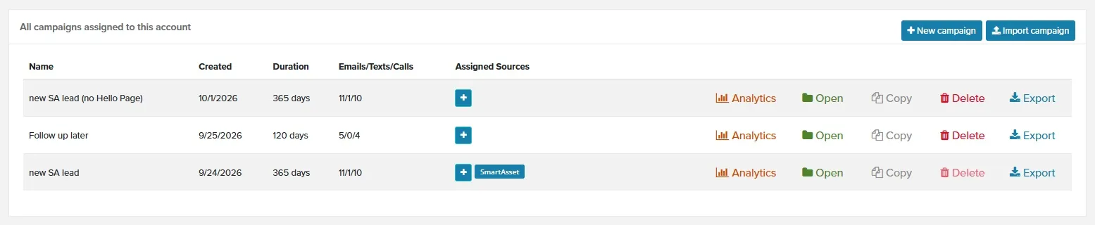 Campaigns list with the Open button in each campaign’s row