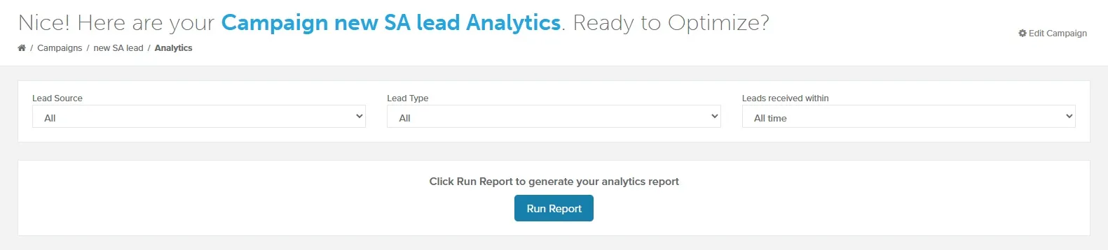 Analytics filters with Leads received within and the Run Report button