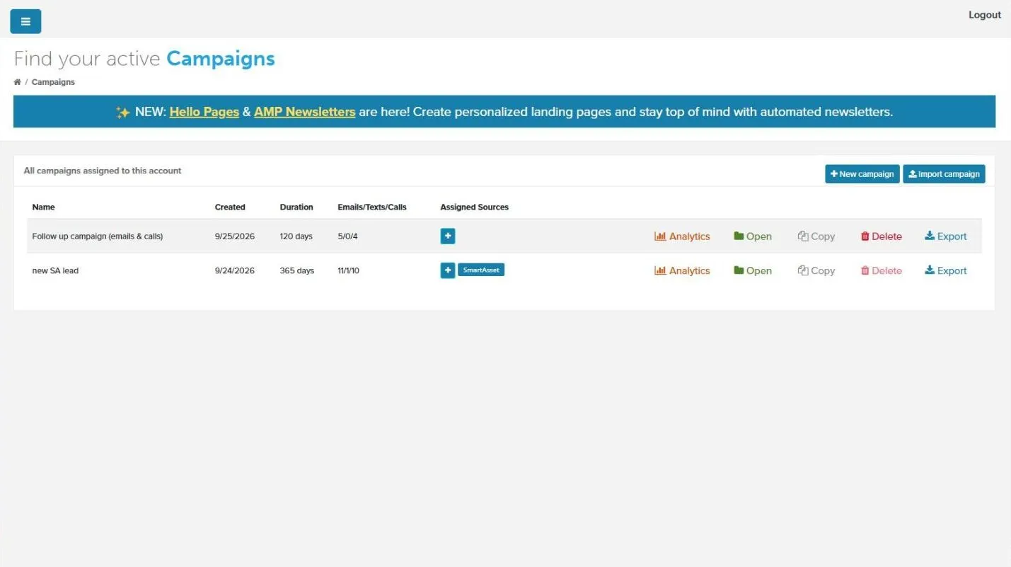 Campaigns page listing campaigns with the New campaign button and row actions