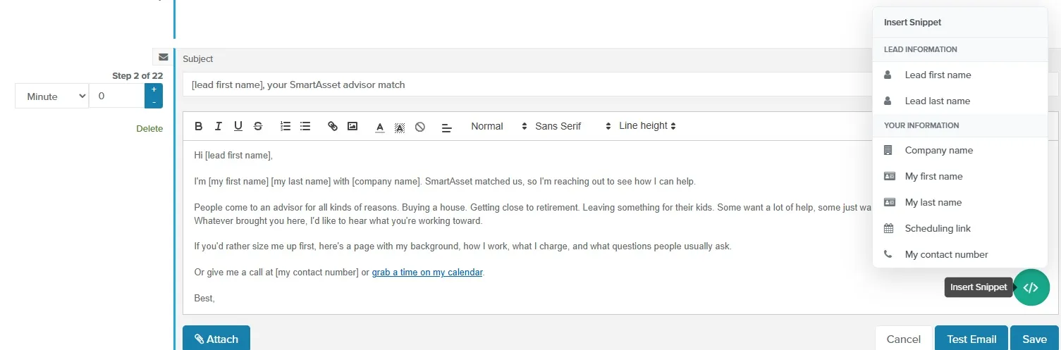 Email step editor with the Insert Snippet menu open beside the message