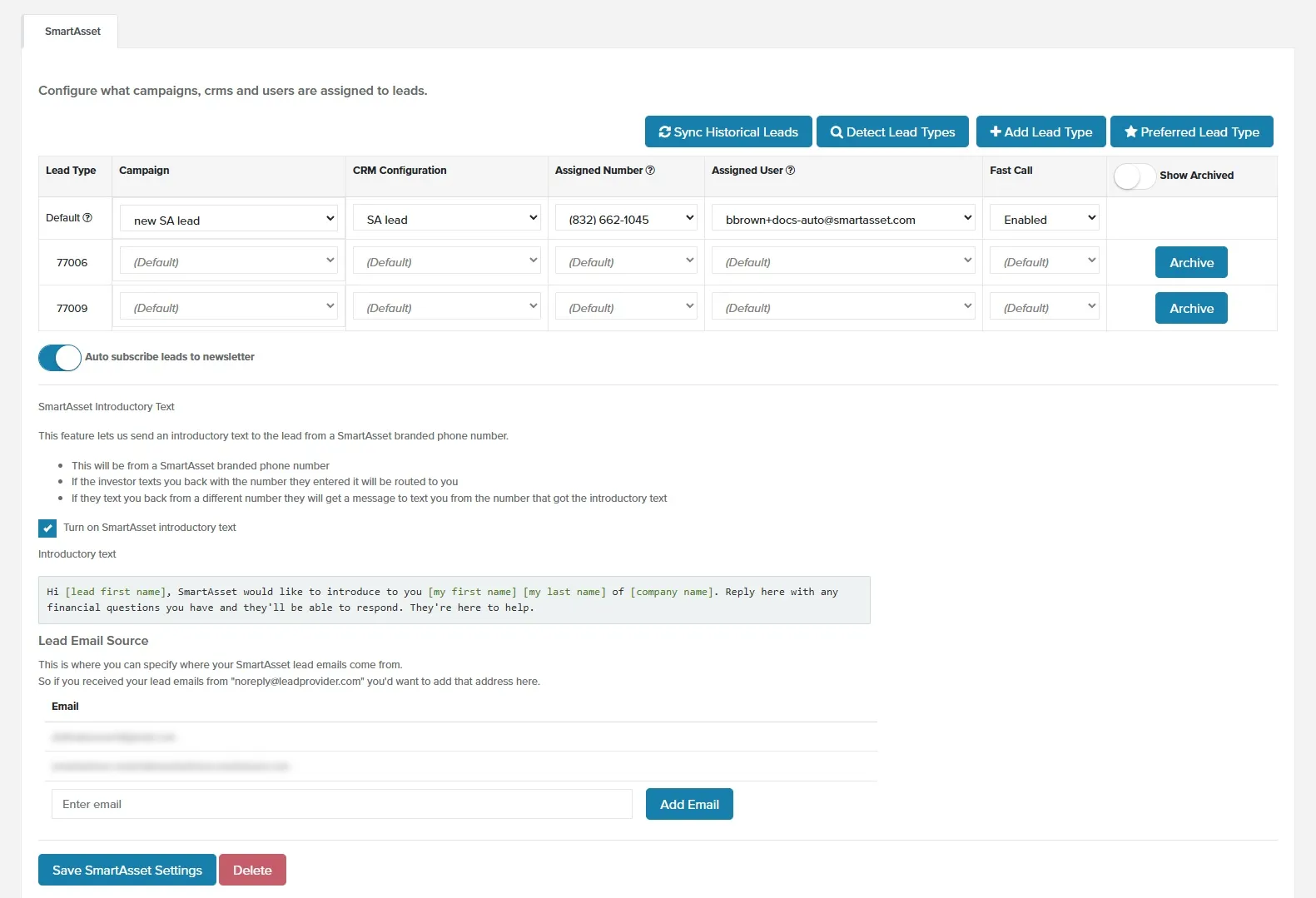 Lead Sources page with a campaign selected for the SmartAsset lead source