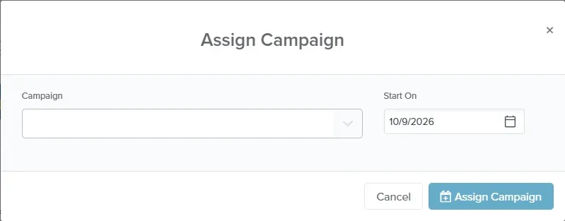 Assign Campaign window with the Campaign and Start On fields, opened from Bulk Edit