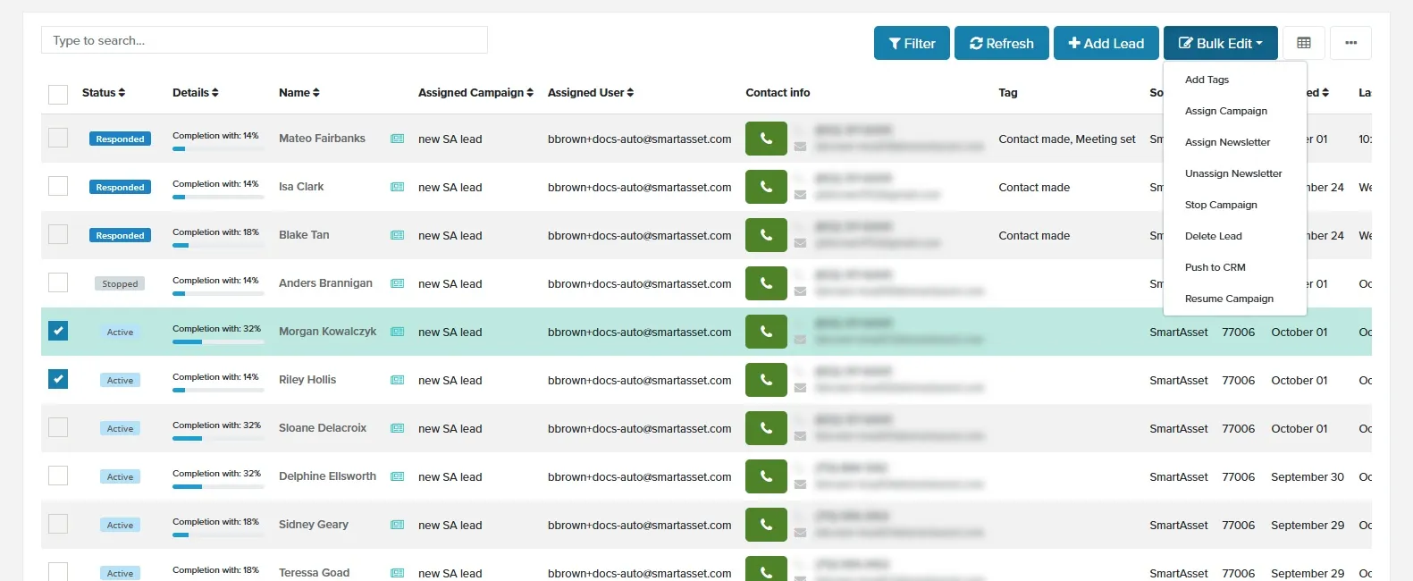 Leads page with two leads selected and the Bulk Edit menu open, showing Stop Campaign