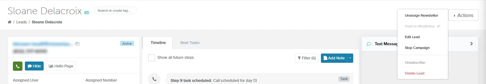 Lead details page with the Stop Campaign option