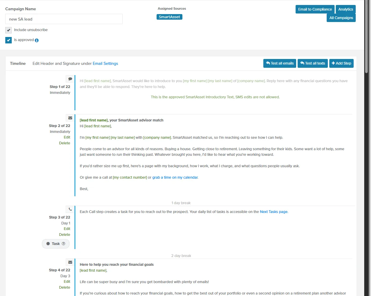 Campaign page with the Include unsubscribe checkbox, the Test all emails and Add Step buttons, and the step timeline