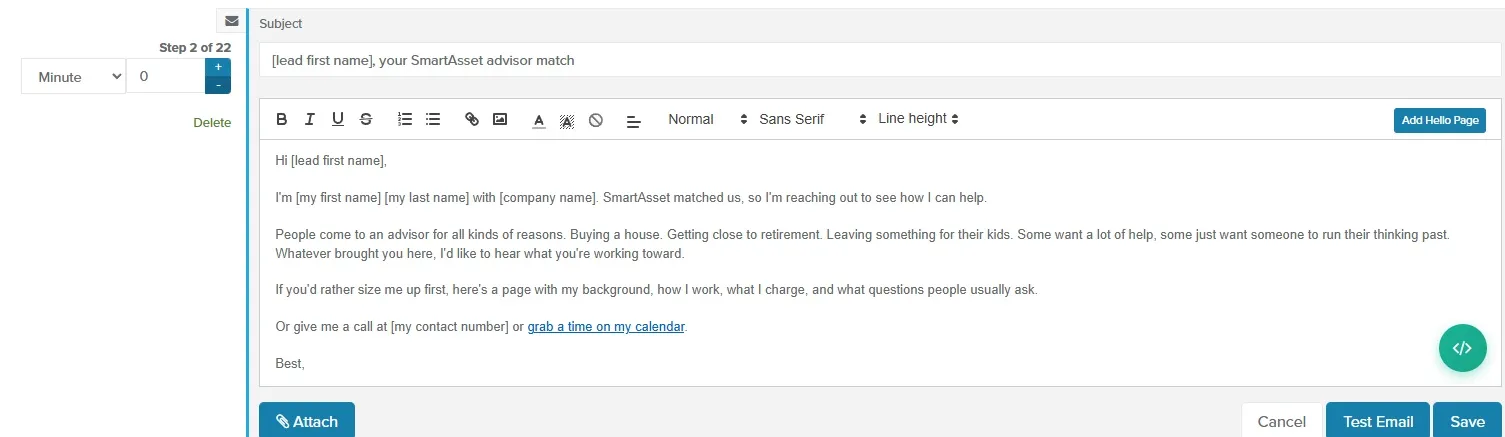 Email step editor with the Test Email, Cancel and Save buttons