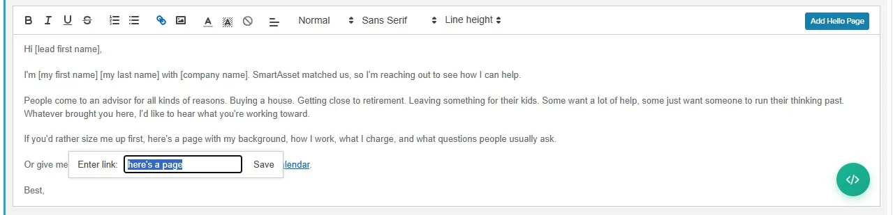 Email step editor with the Enter link box open for a video link