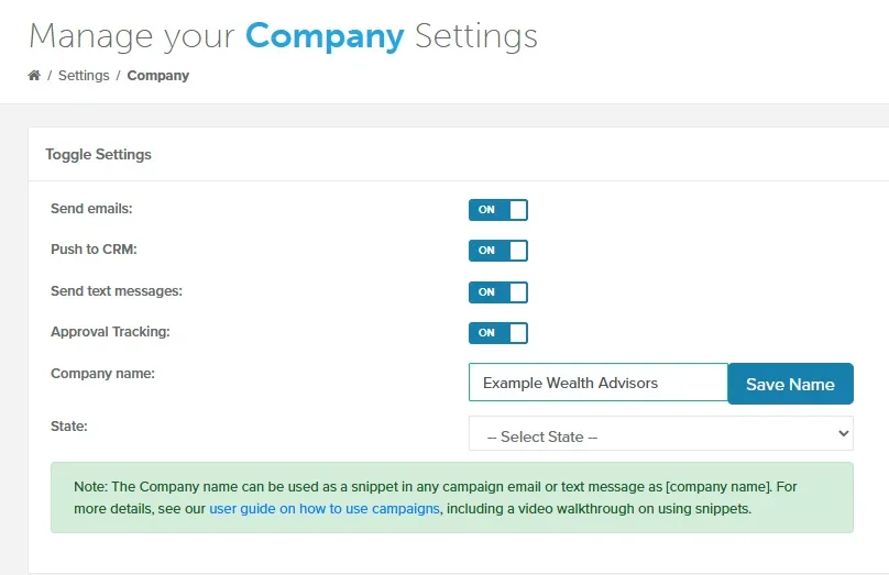 Company Settings page with the feature switches, the Company name box and the Save Name button