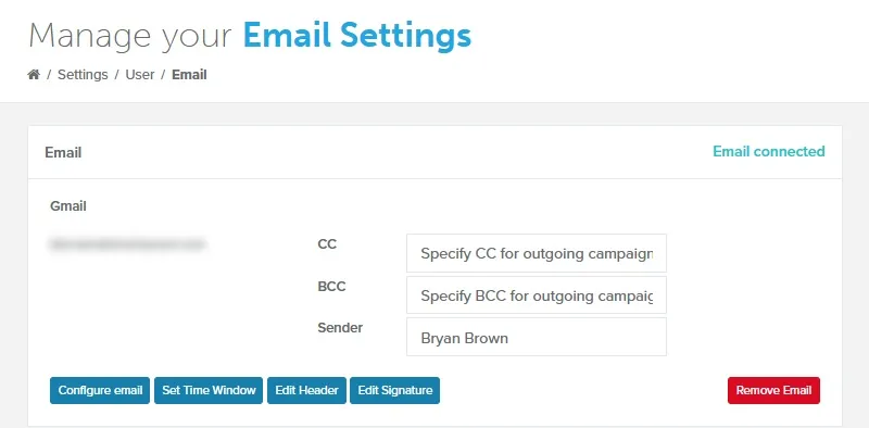 Email Settings page with the Configure email, Edit Header and Edit Signature buttons