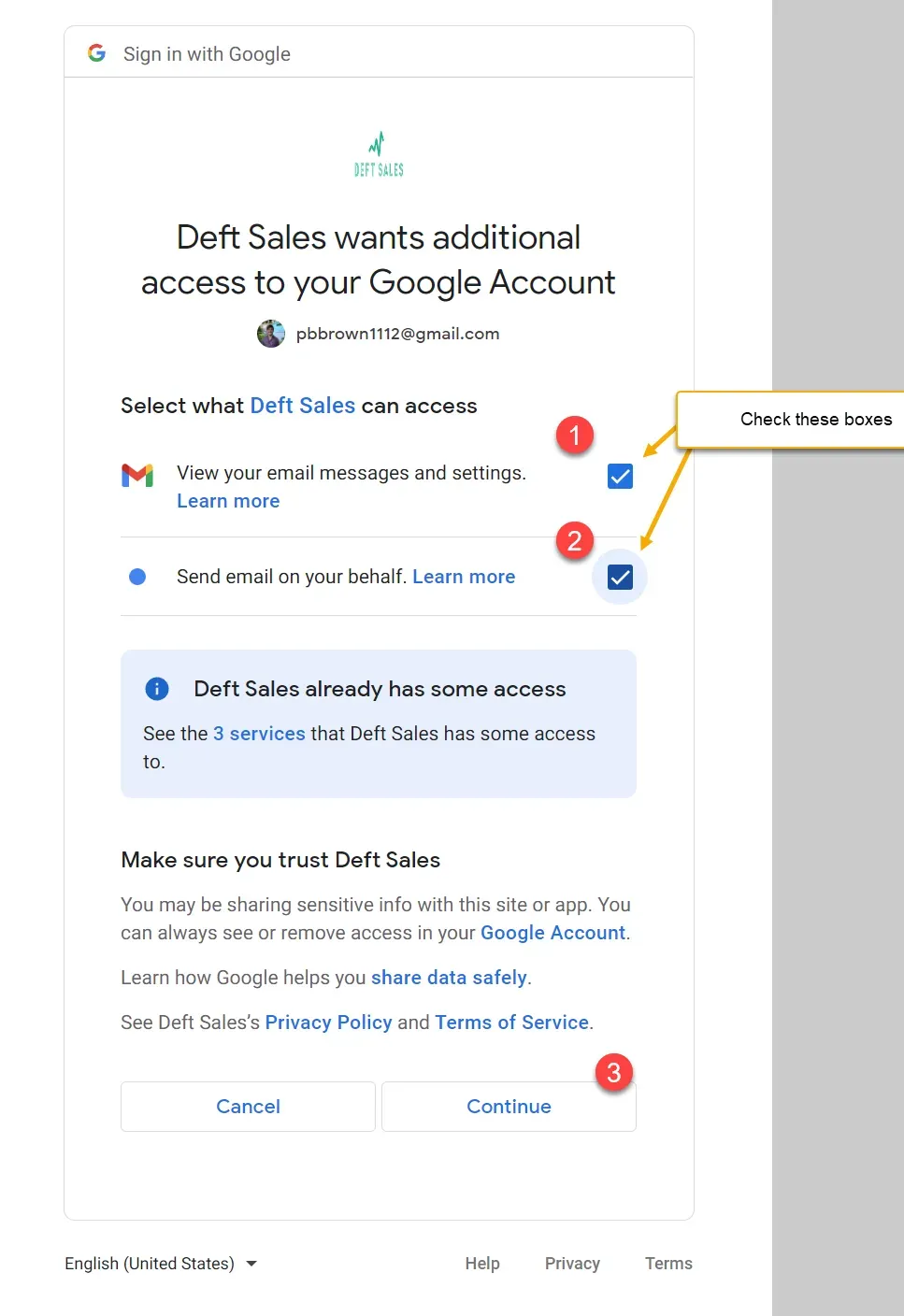 Google permissions screen with both email permissions selected and the Continue button