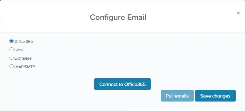 Configure Email window with Office 365 selected and the Connect to Office365 button