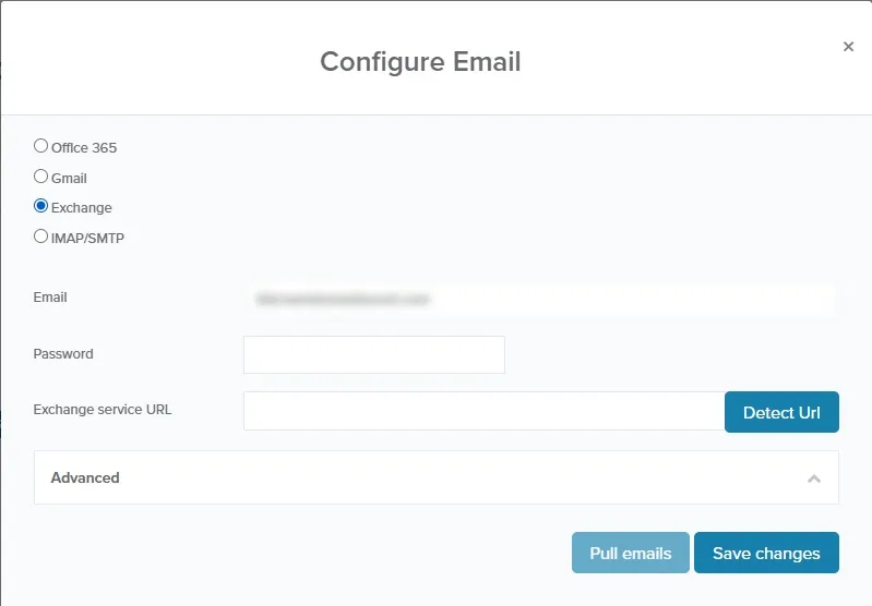 Configure Email window with Exchange selected, the Detect Url button and Save changes