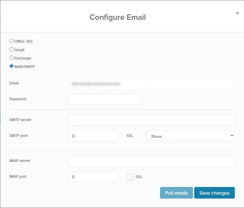 Configure Email window with IMAP/SMTP selected and the server and port fields