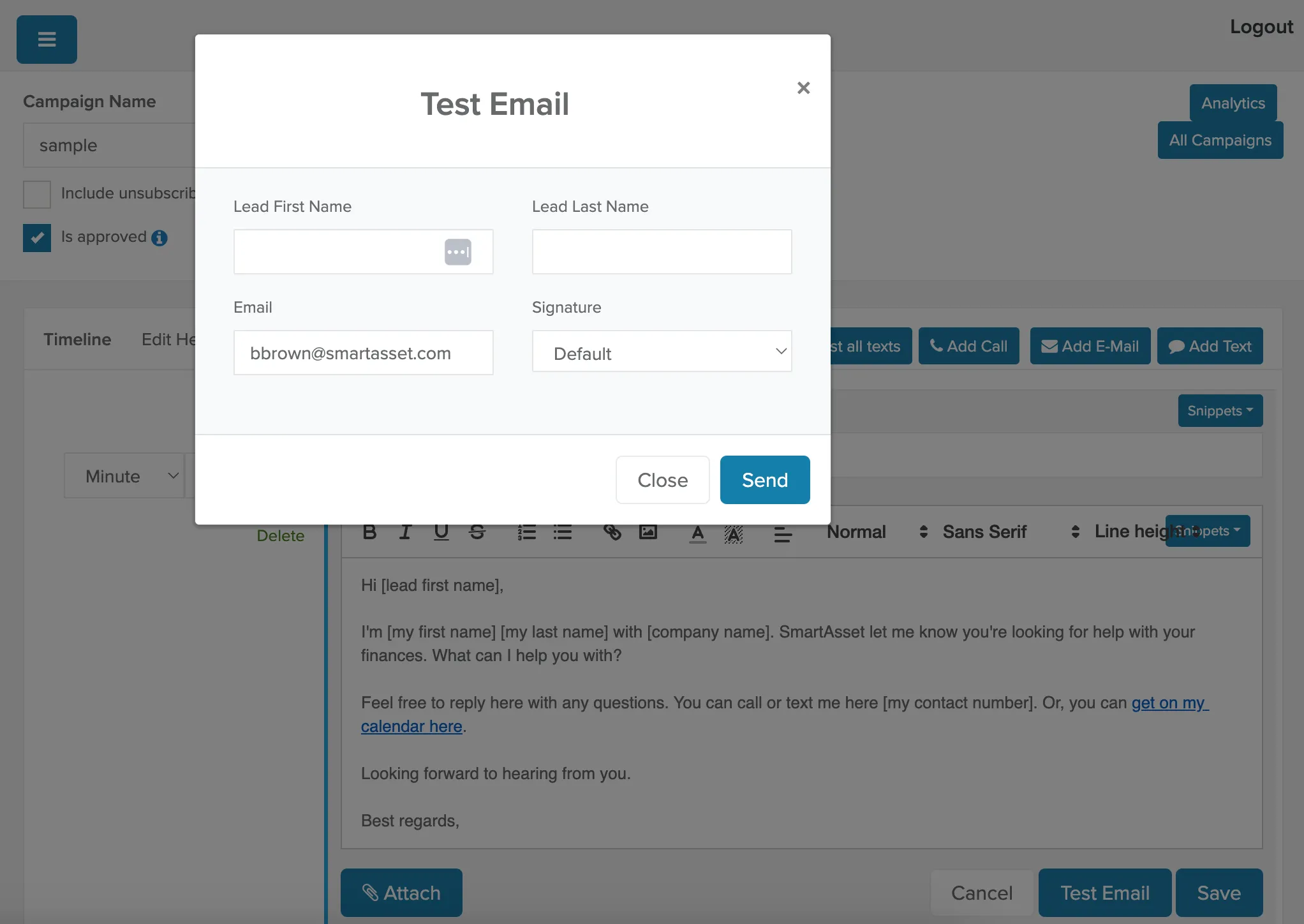 Test Email window with the recipient email filled in and the Send button