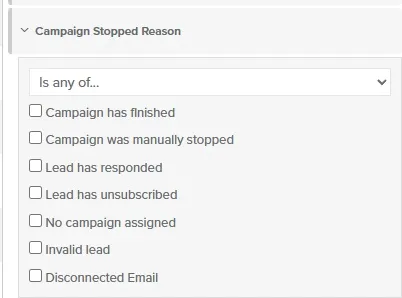 Campaign Stopped Reason filter with the Disconnected Email option