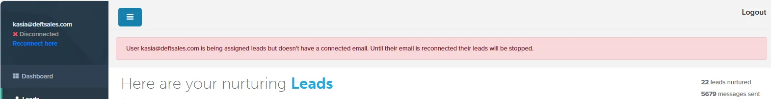 Red banner warning that a user is being assigned leads without a connected email