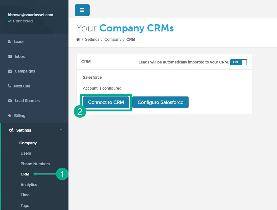 Company CRMs page with the CRM menu item and the Connect to CRM button highlighted