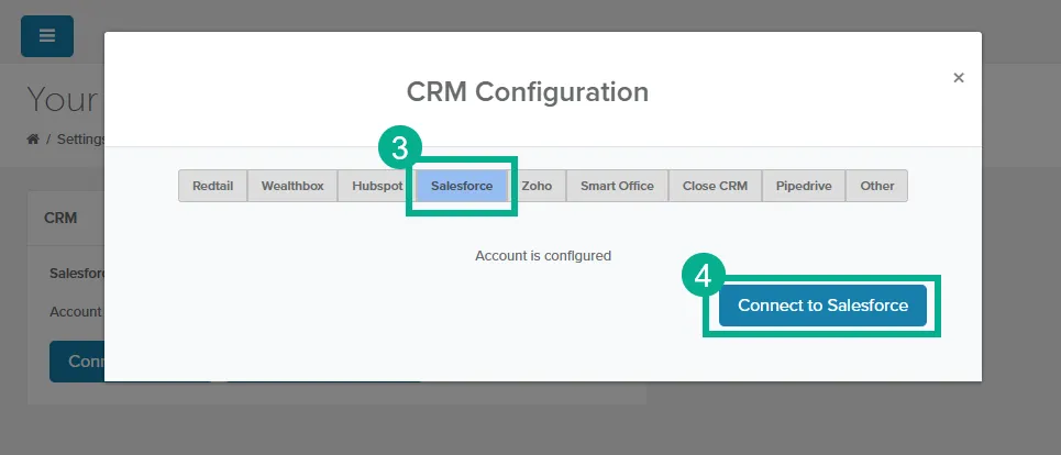 CRM Configuration window with the Salesforce tab and the Connect to Salesforce button highlighted