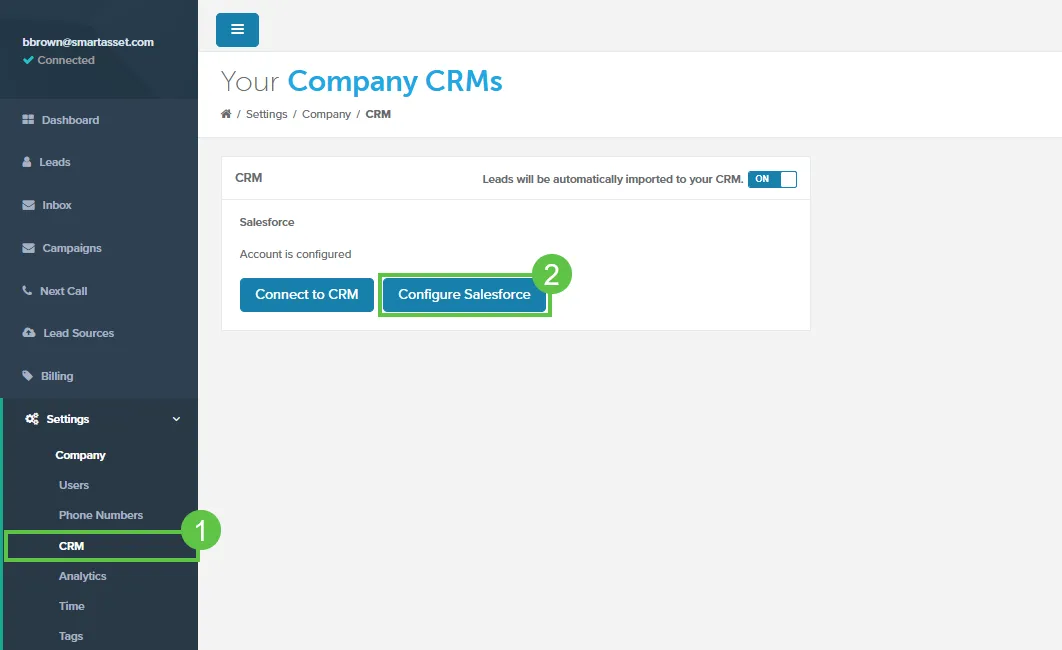 Company CRMs page with the Configure Salesforce button highlighted
