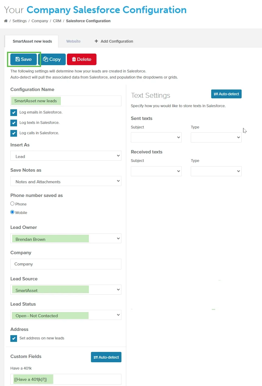 Salesforce configuration page with the Configuration Name, settings, and Save button