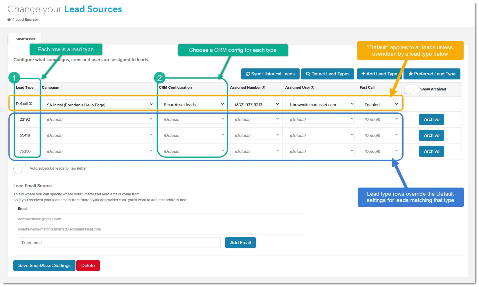 Lead Sources page with a CRM configuration chosen in the Default row and lead type rows