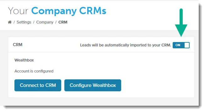 Company CRMs page with the automatic import switch turned on