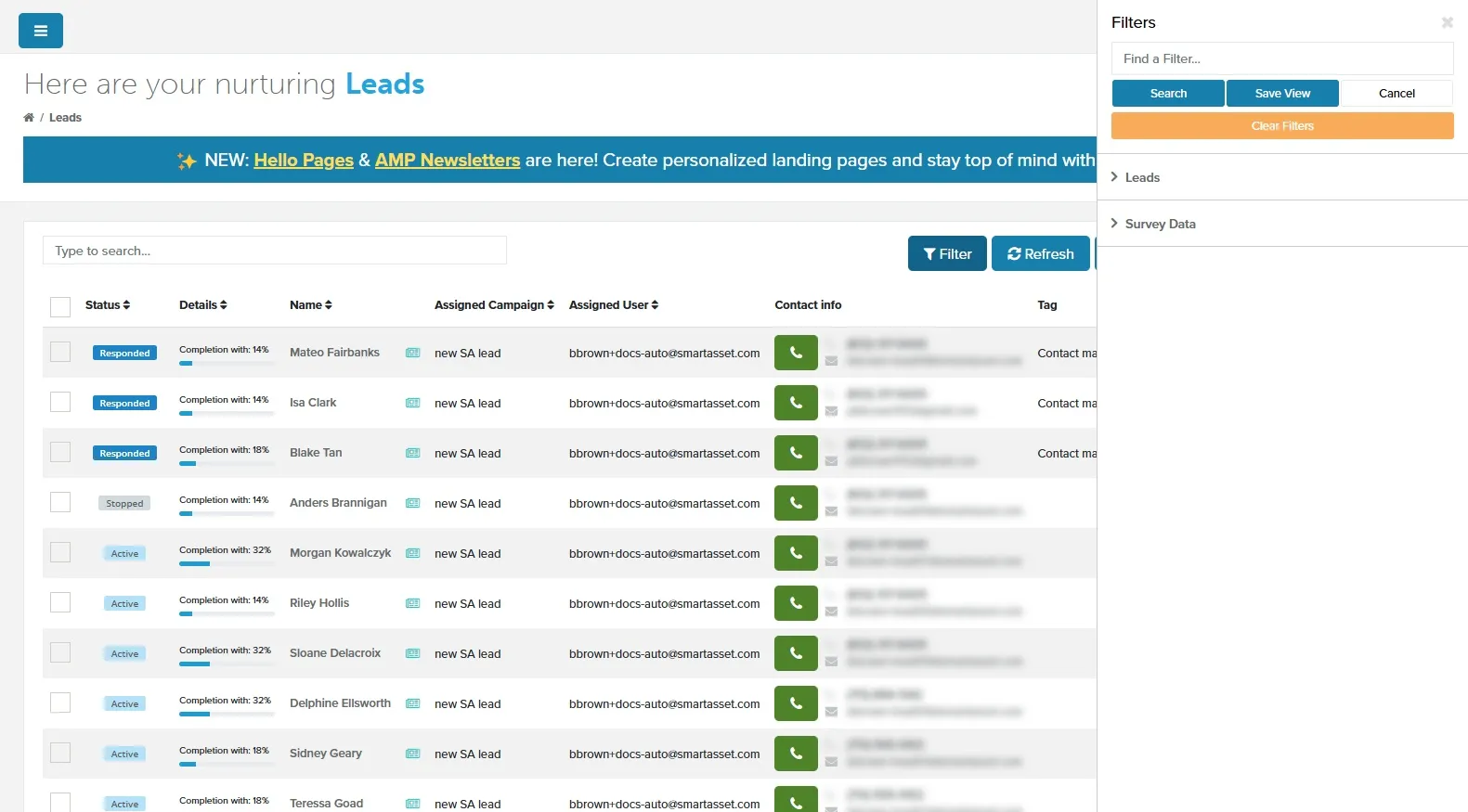 Leads page with the Filters panel open beside the lead list