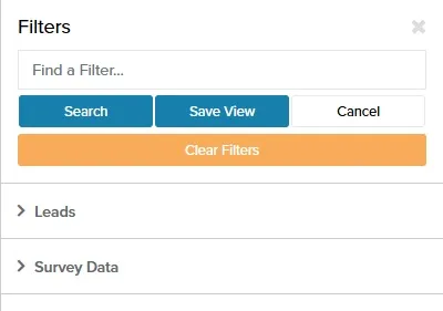 Filters panel showing the collapsed Leads and Survey Data sections