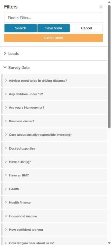 The Survey Data section of the Filters panel expanded
