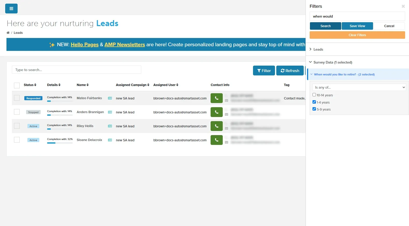 The retirement timing filter set to 1-4 and 5-9 years, with the matching leads