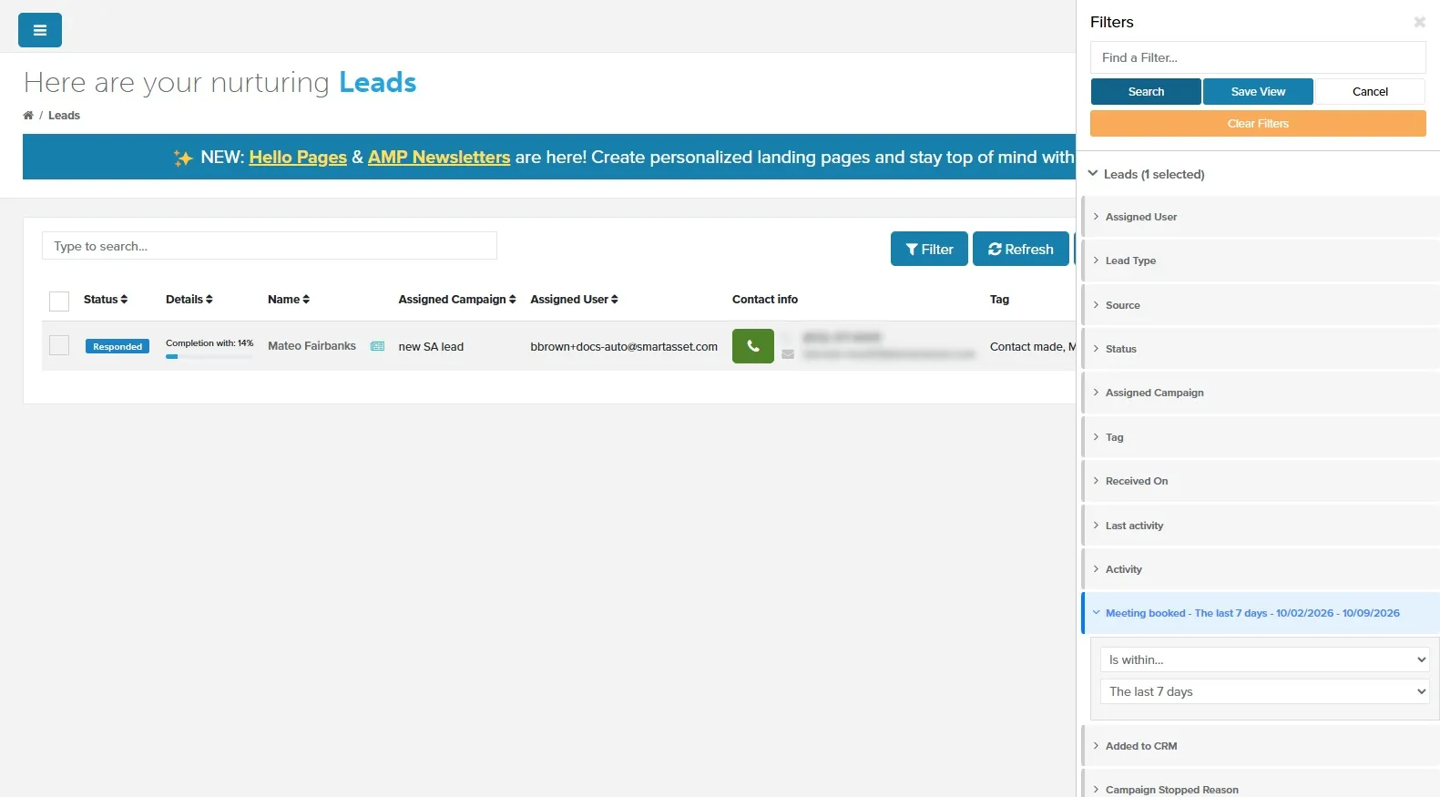 Meeting booked filter set to the last 7 days in the Filters panel