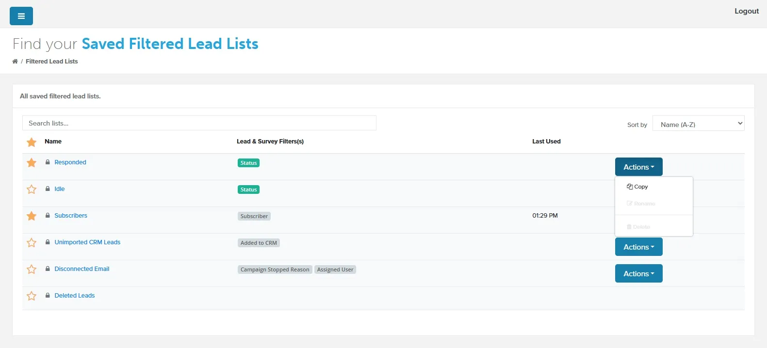 Filtered Lead Lists page listing saved lists, with one list's Actions menu open