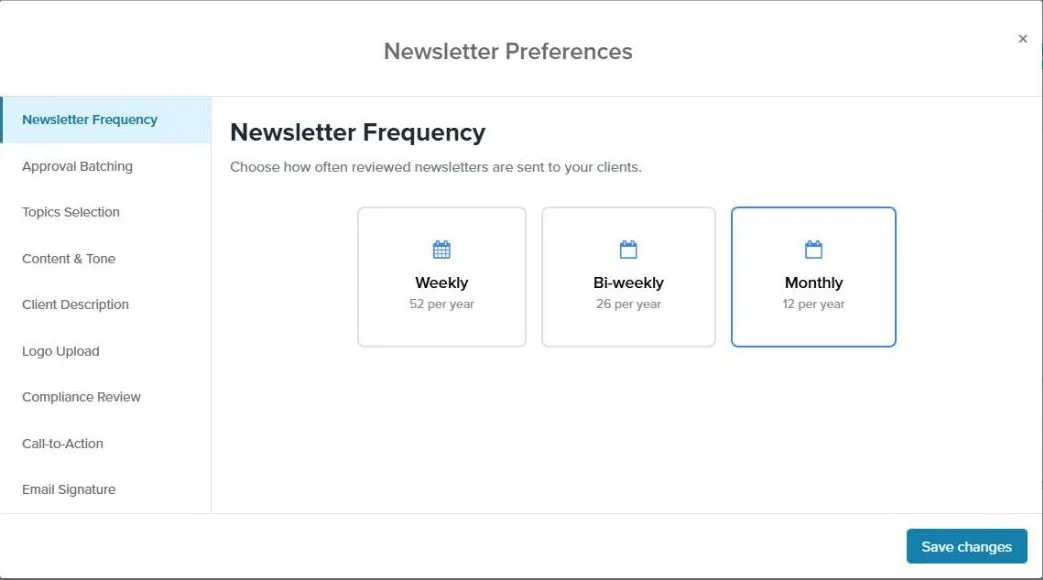 The Newsletter Frequency tab with Weekly, Bi-weekly, and Monthly options