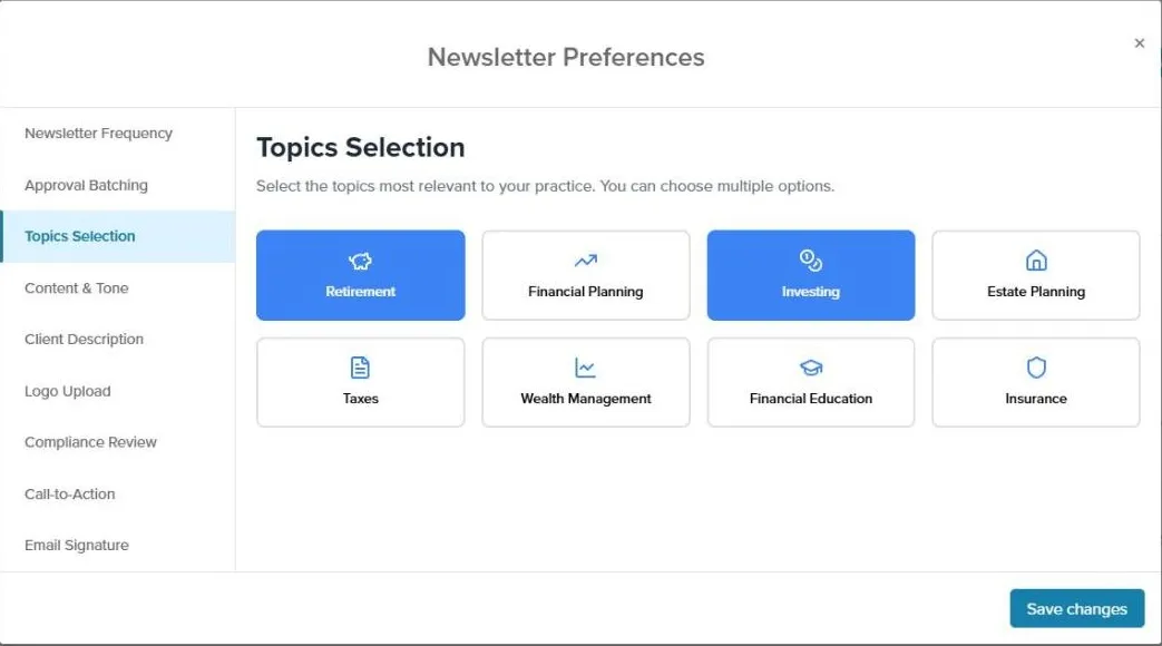 The Topics Selection tab with two topics chosen