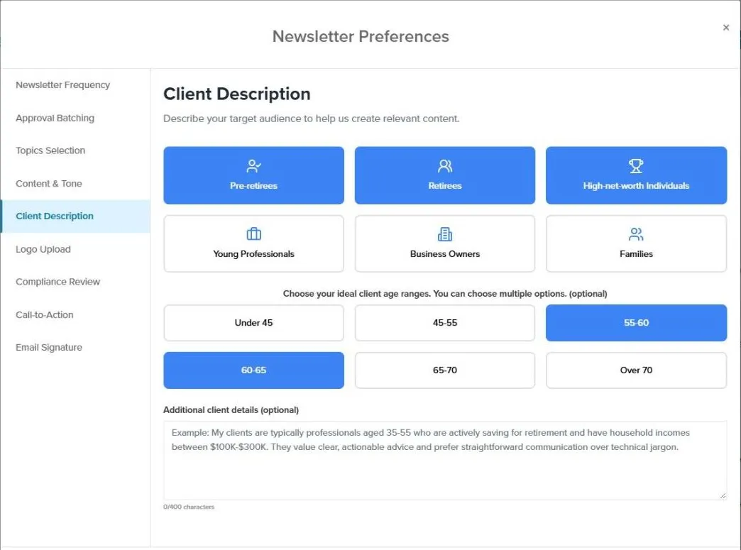 The Client Description tab with client types and age ranges