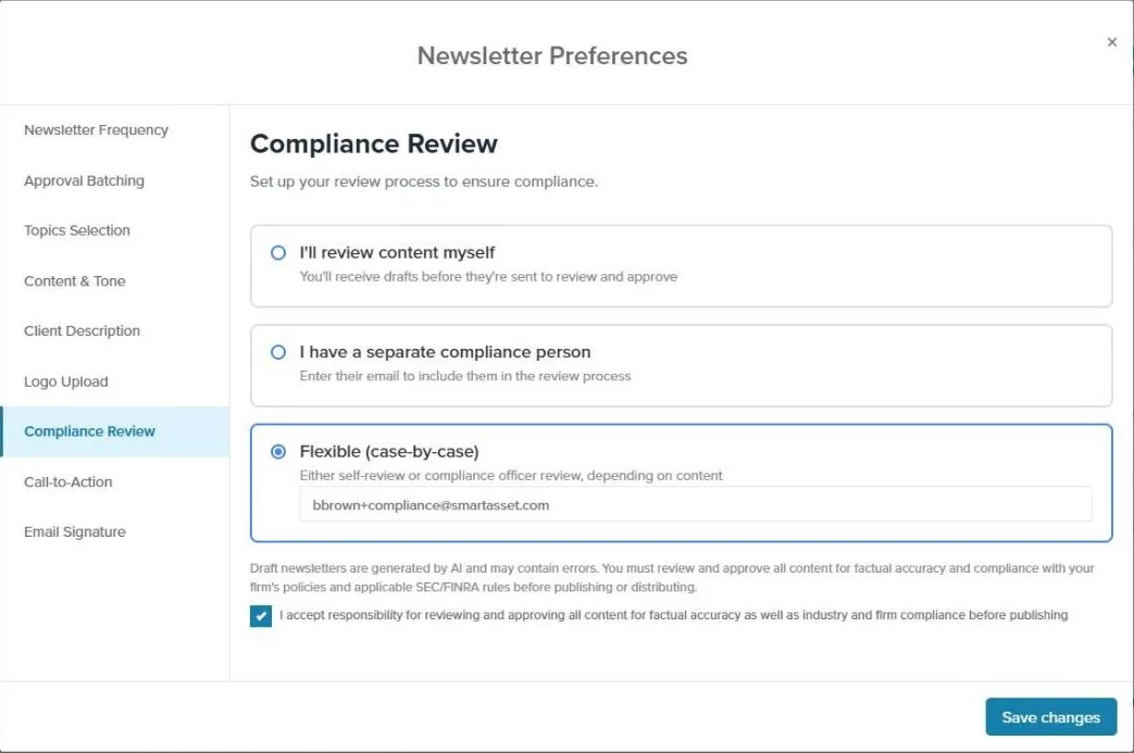 The Compliance Review tab with the approval workflow options