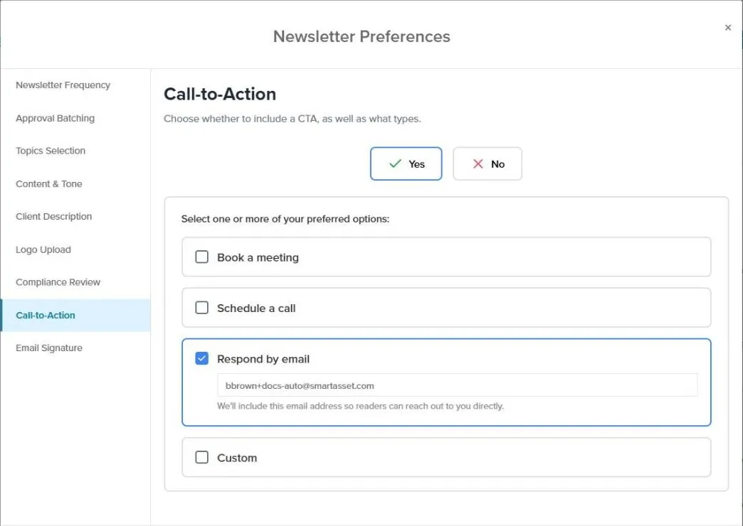 The Call-to-Action tab with a call-to-action option selected