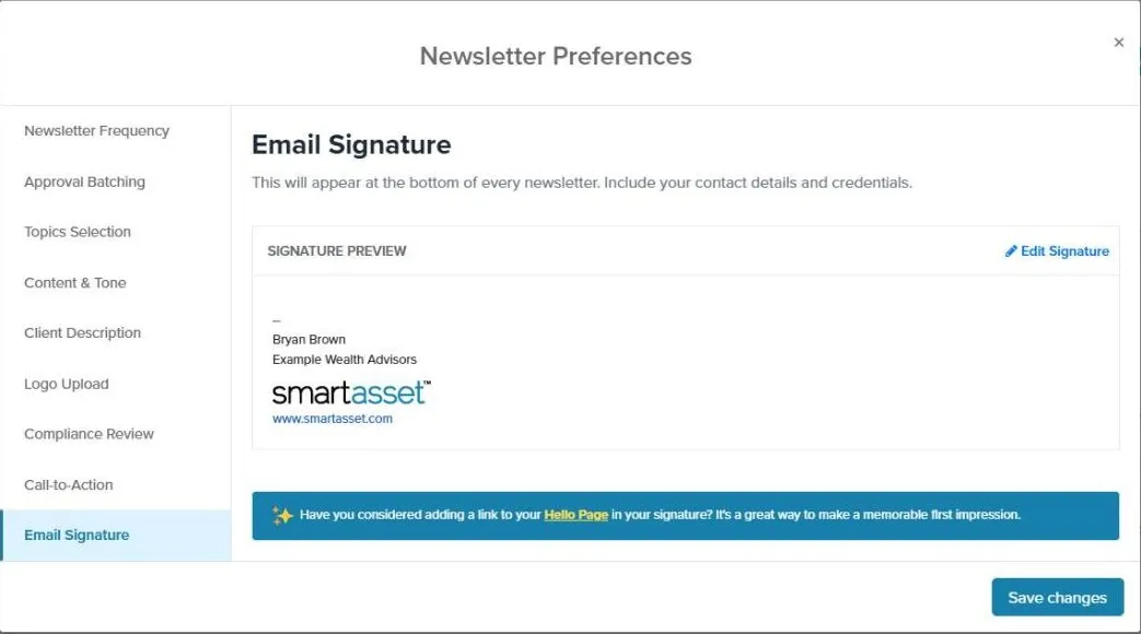 The Email Signature tab with a signature preview