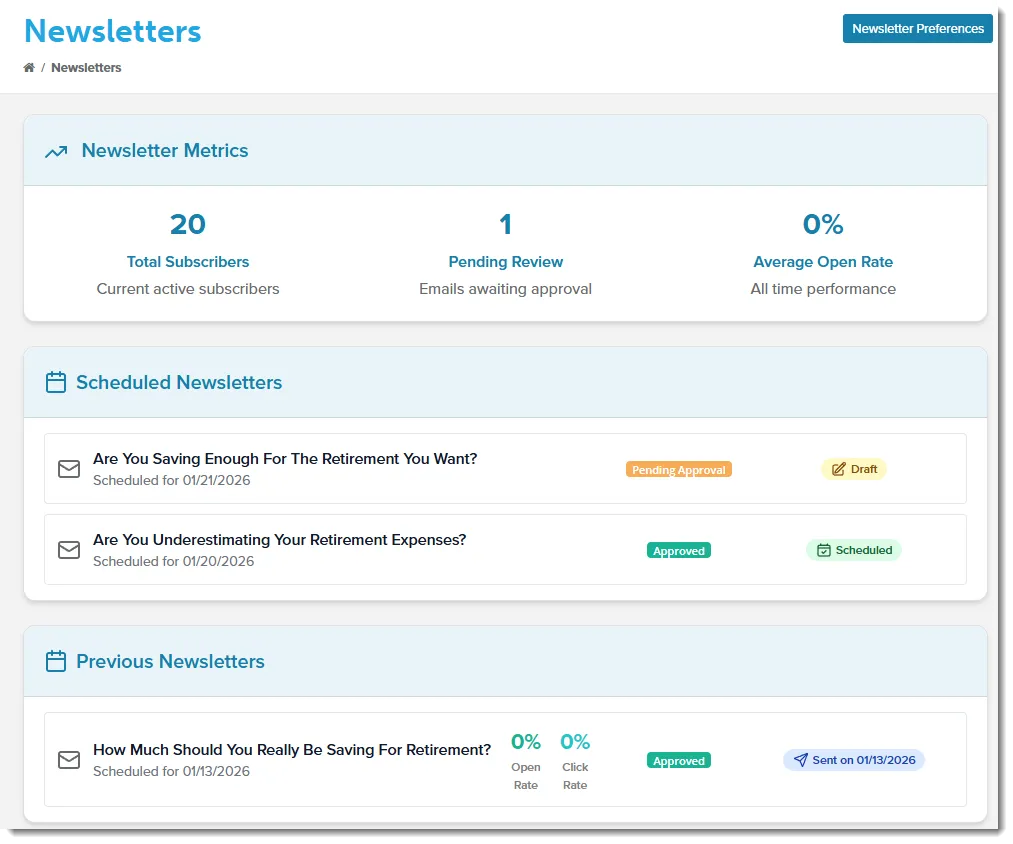 Screenshot of the Newsletters Page