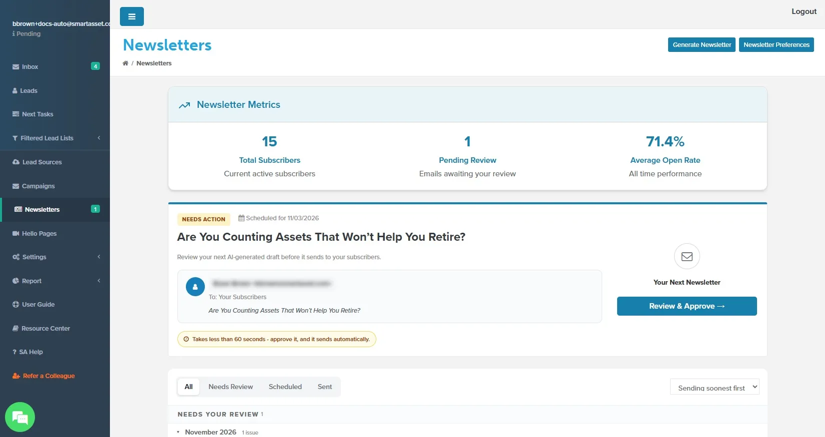 The side menu showing an alert count next to Newsletters