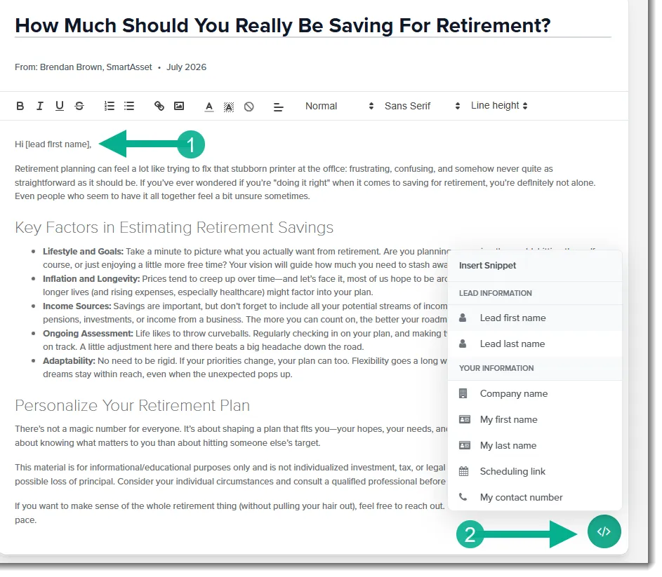 Screenshot of newsletter editor with open snippets menu.