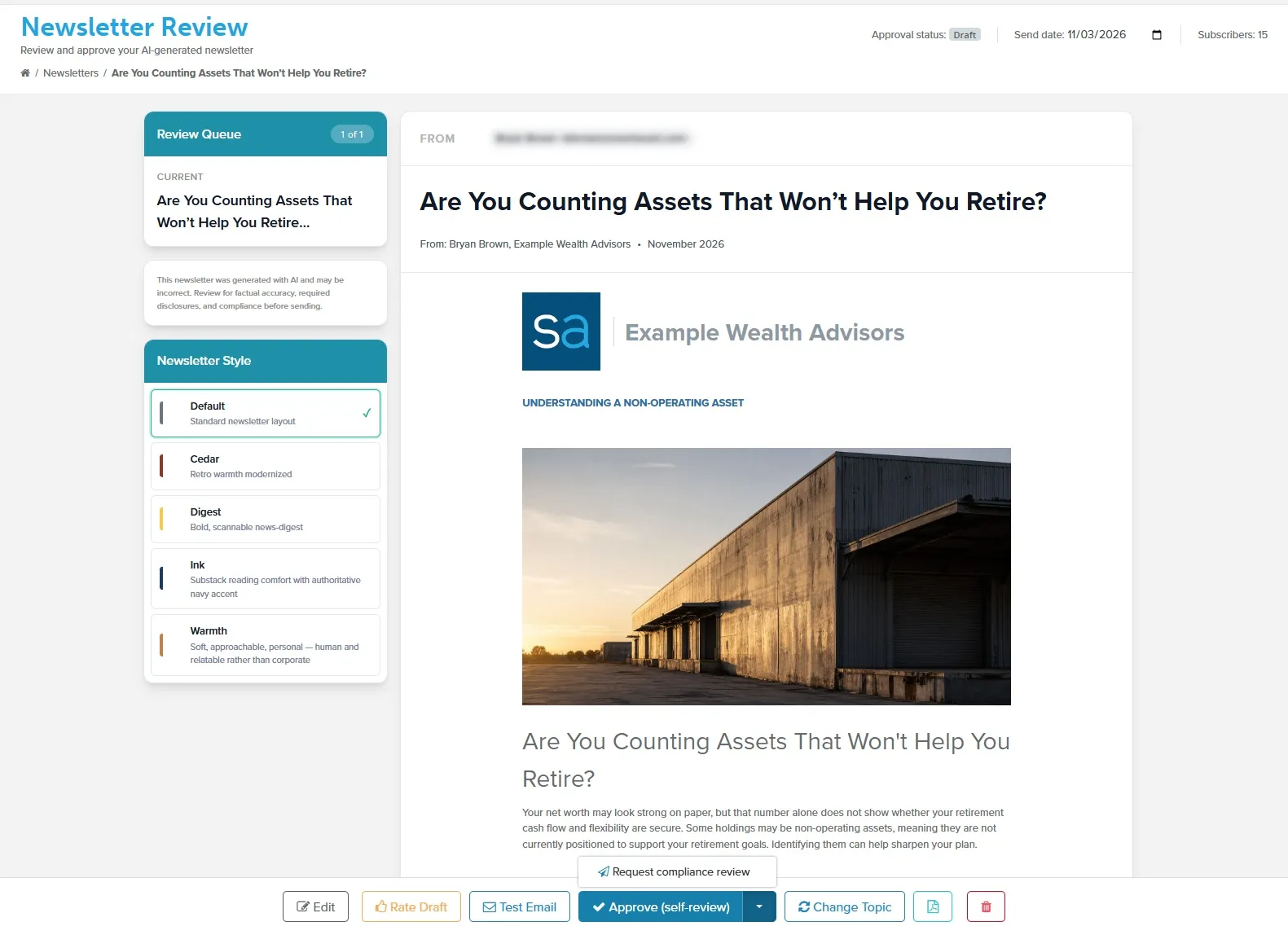 The newsletter review page with the approval dropdown open, offering compliance review