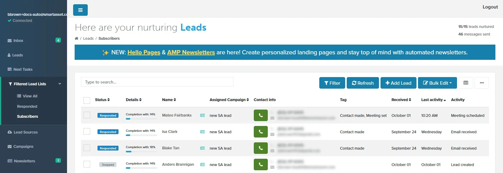 Side menu with Filtered Lead Lists open and Subscribers selected beside the subscriber list