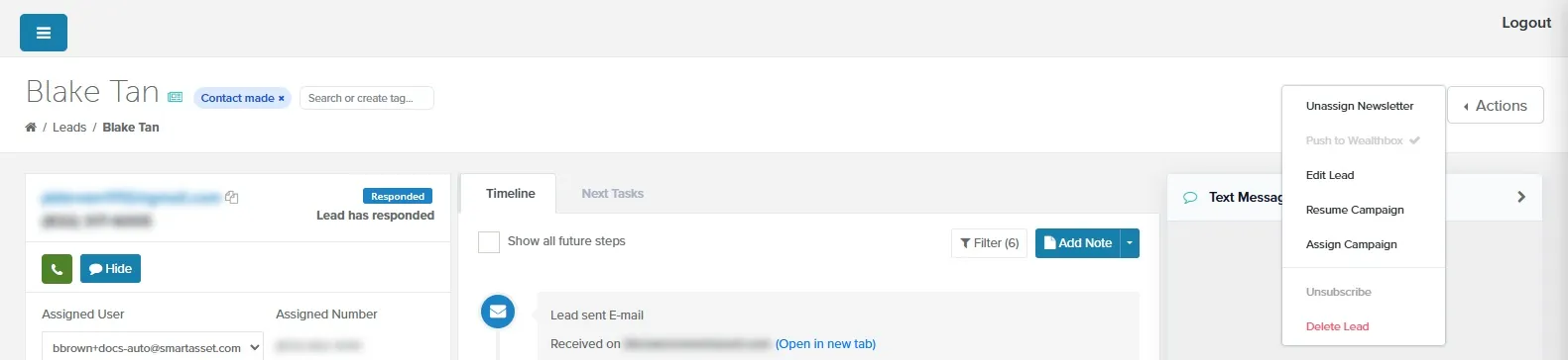 The Lead Details Screen with the Actions menu open, showing the newsletter option